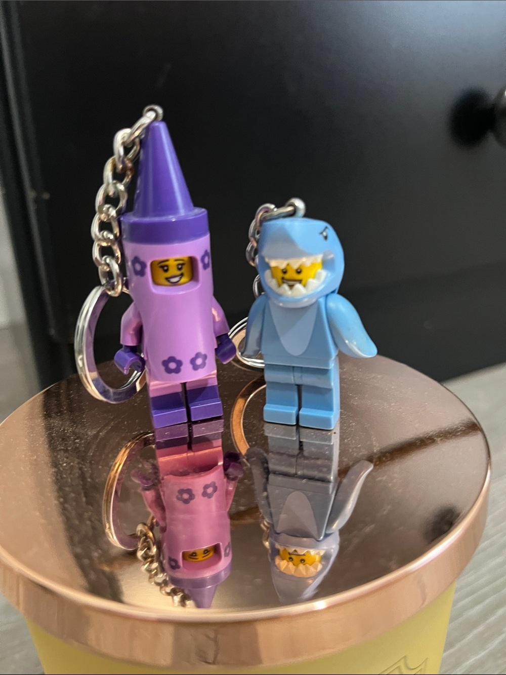 Lego Purple Crayon and Light Blue Shark Keychain Figures